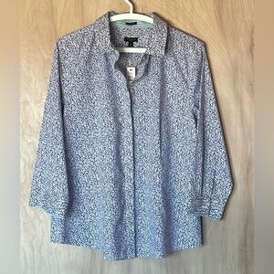 NWT Talbots 16P Floral Button Down Blouse Purple Blue White 3/4 Sleeve Cotton